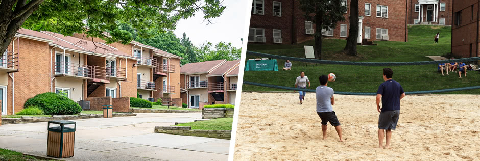 Exterior of McAuley Hall and a photo of students playing beach volleyball outdoors