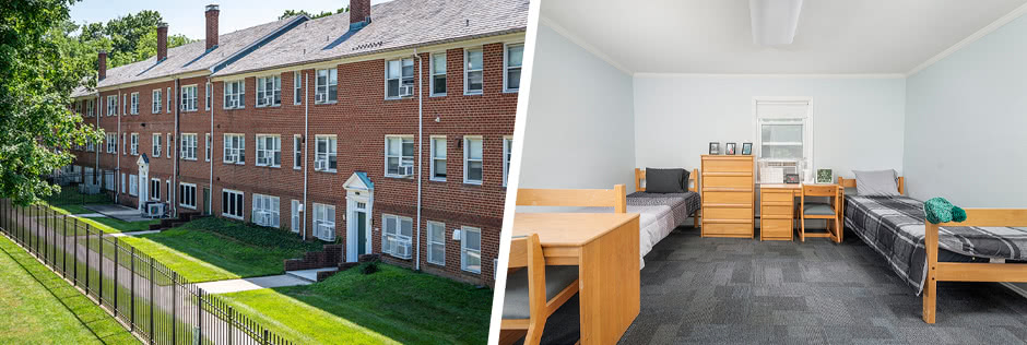 Photo of the Seton Court residence hall and photo of the interior of a dorm room