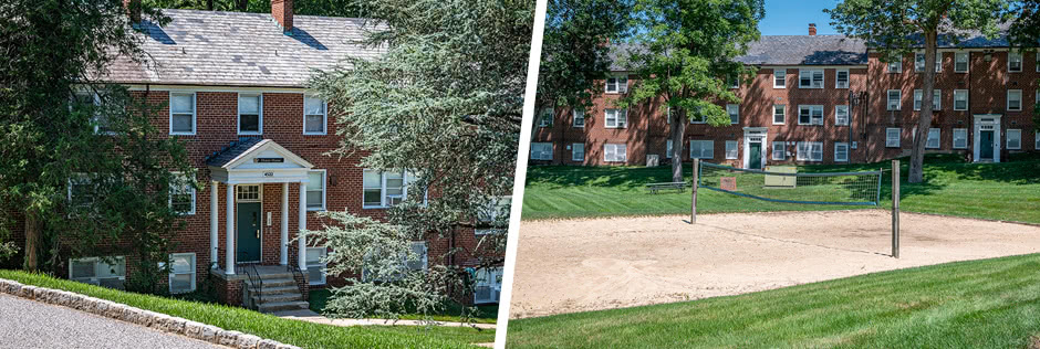 Photo of the Southwell residence hall and photo of a beach volleyball court