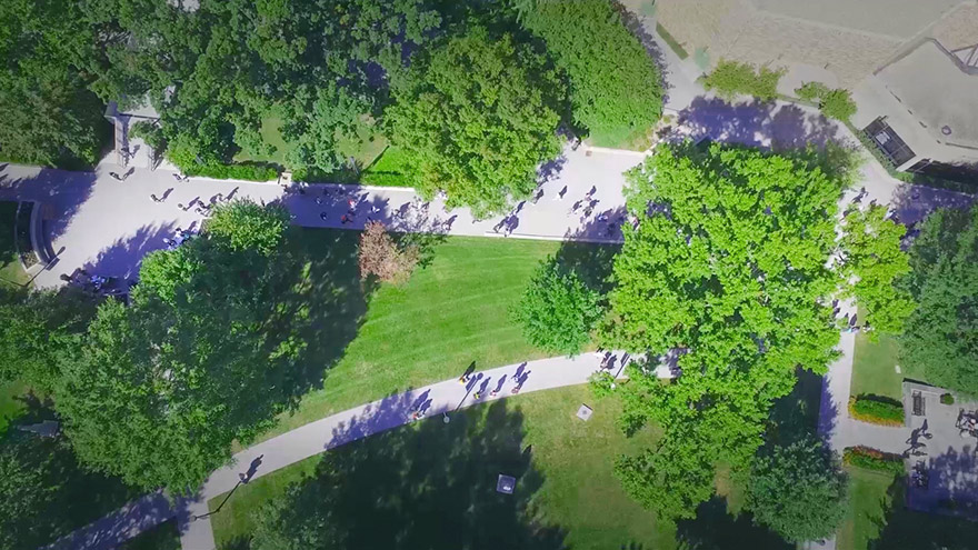 Birdseye view of campus, showing green grass, trees, and walkways. - Press enter to play