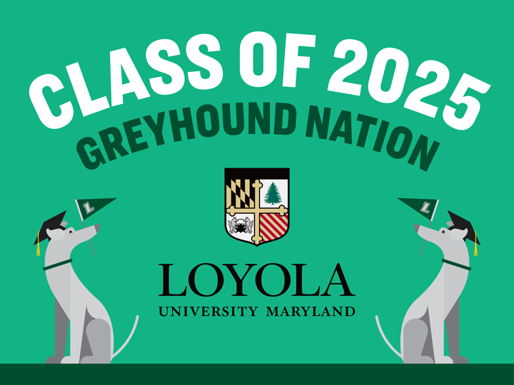 Loyola Class of 2024 Greyhound Nation with two greyhound dogs holding Loyola flags. They are also wearing graduation caps