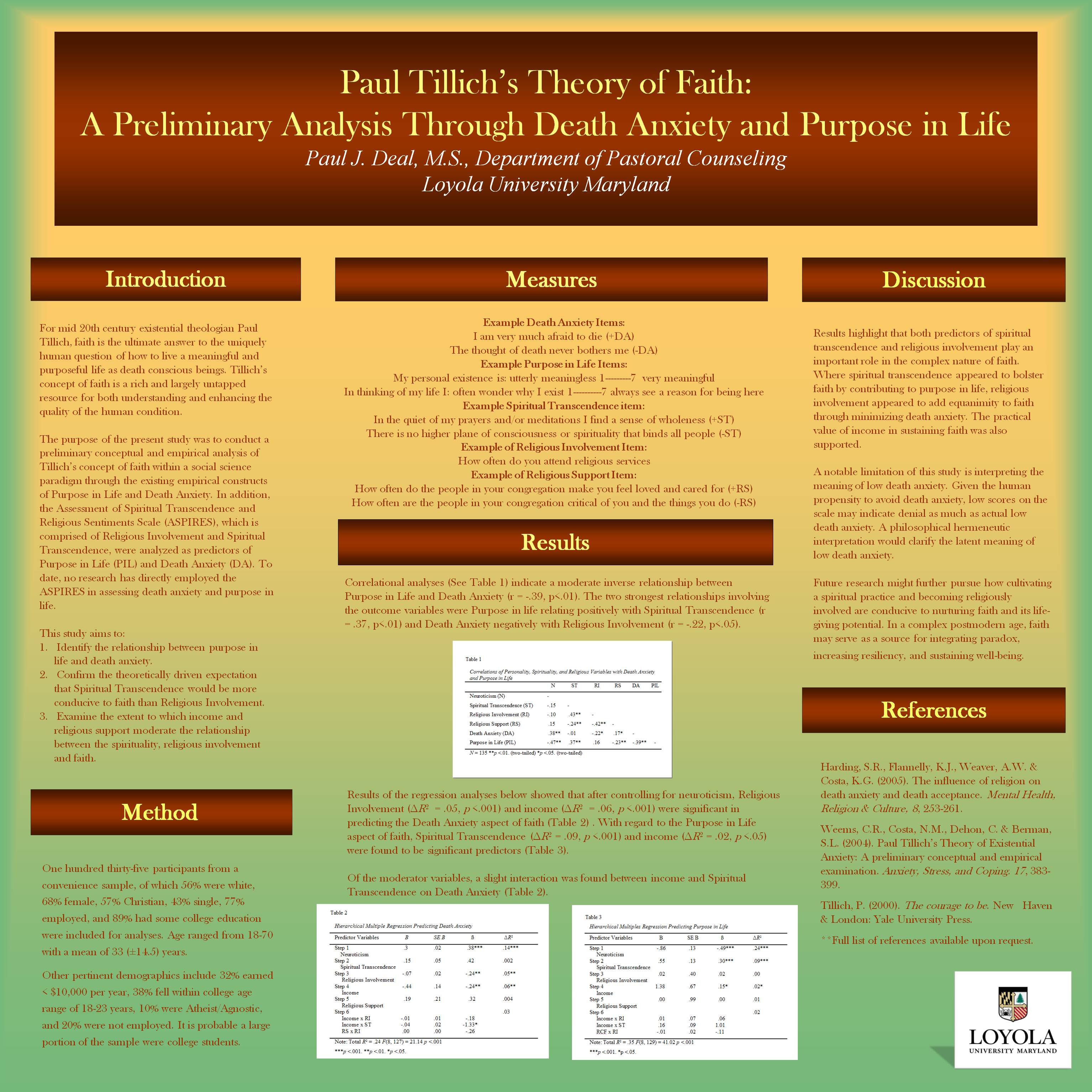 Poster image: Paul Tillich’s Theory of Faith:  A Preliminary Analysis Through Death Anxiety and Purpose in Life