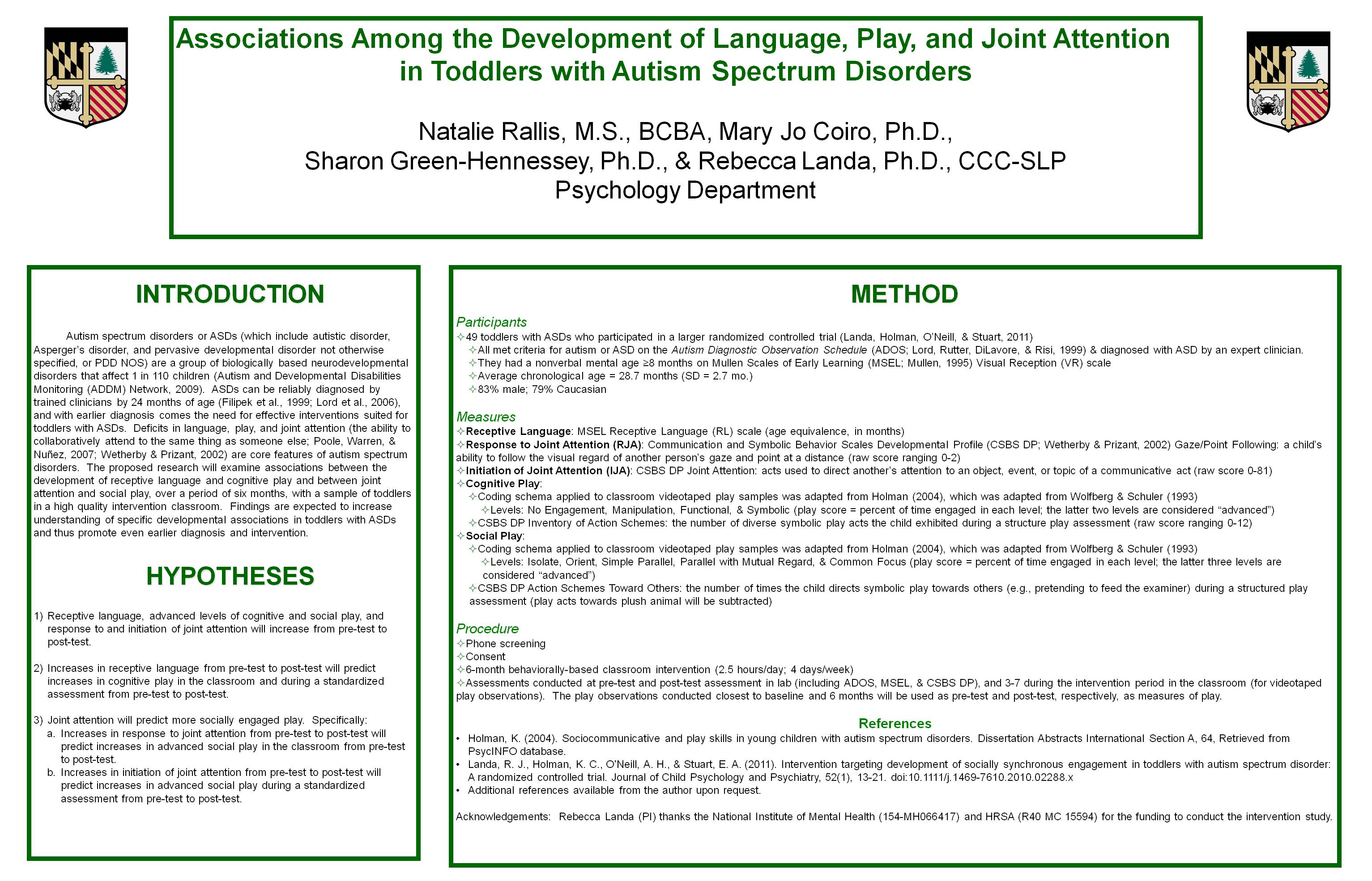 Poster image: Associations Among the Development of Language, Play, and Joint Attention in Toddlers with Autism Spectrum Disorders