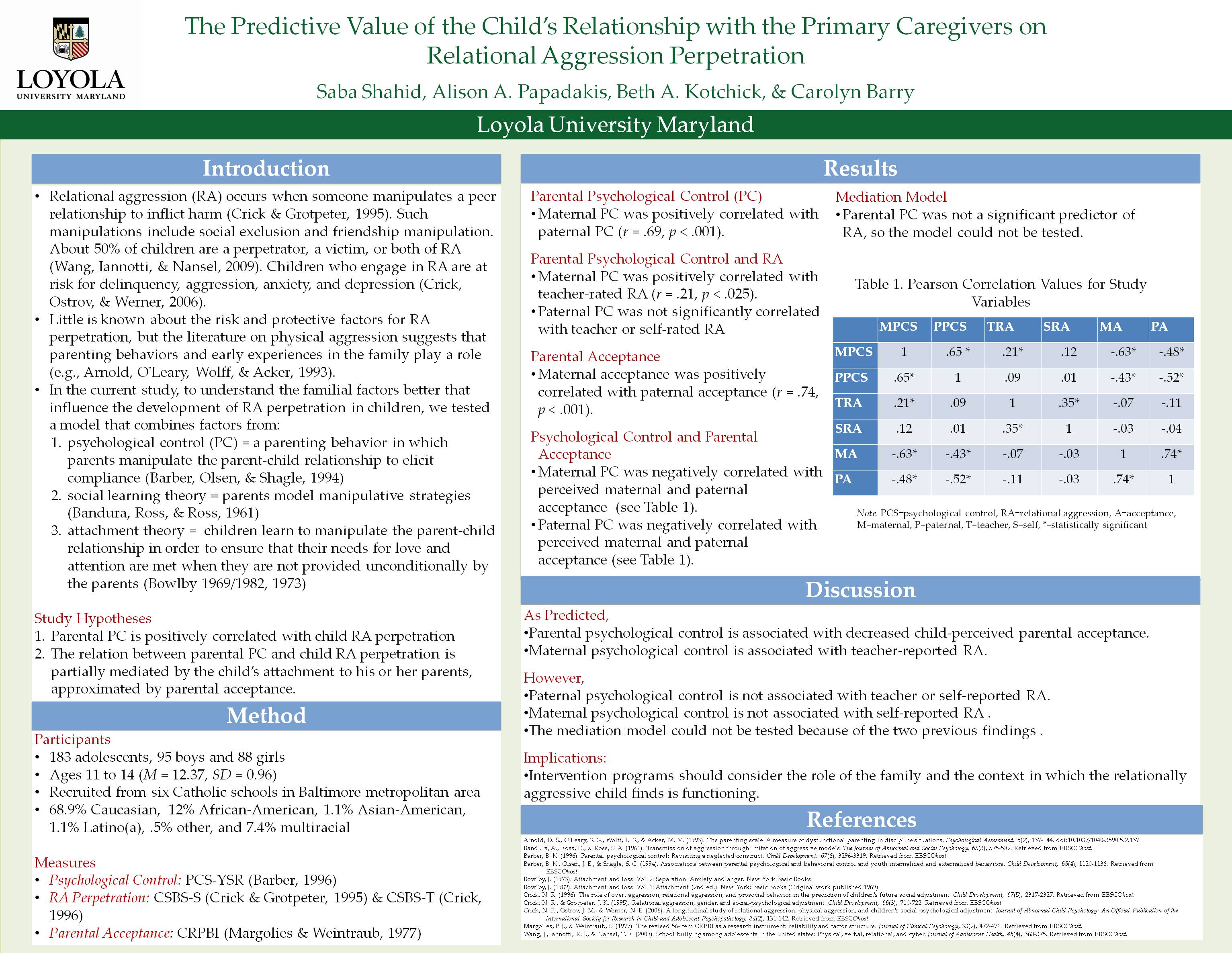 Poster image: The Predictive Value of the Child’s Relationship with the Primary Caregivers on Relational Aggression Perpetration in the Peer Context