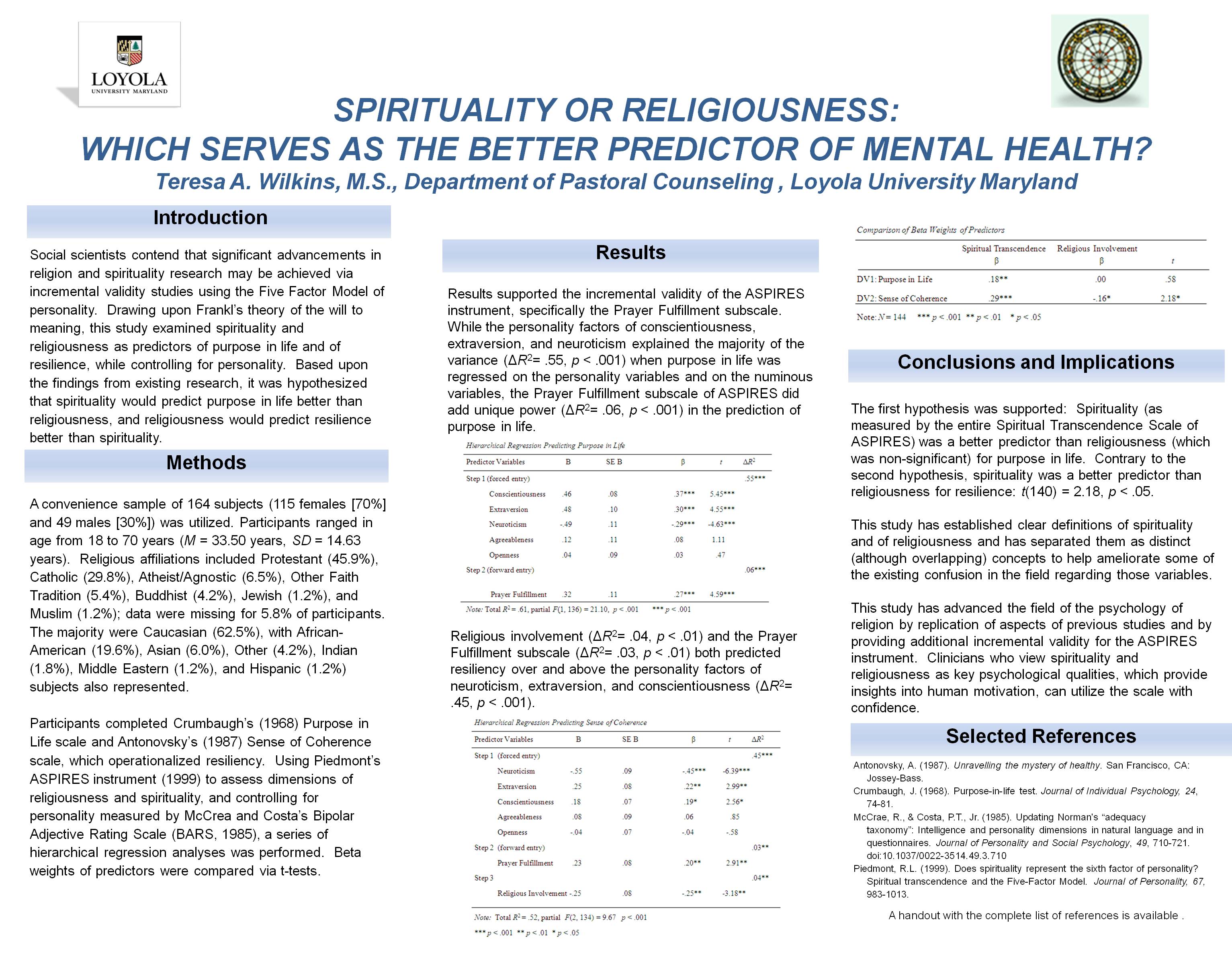 Poster image: Spirituality or Religiousness: Which Serves as the Better Predictor of Mental Health?