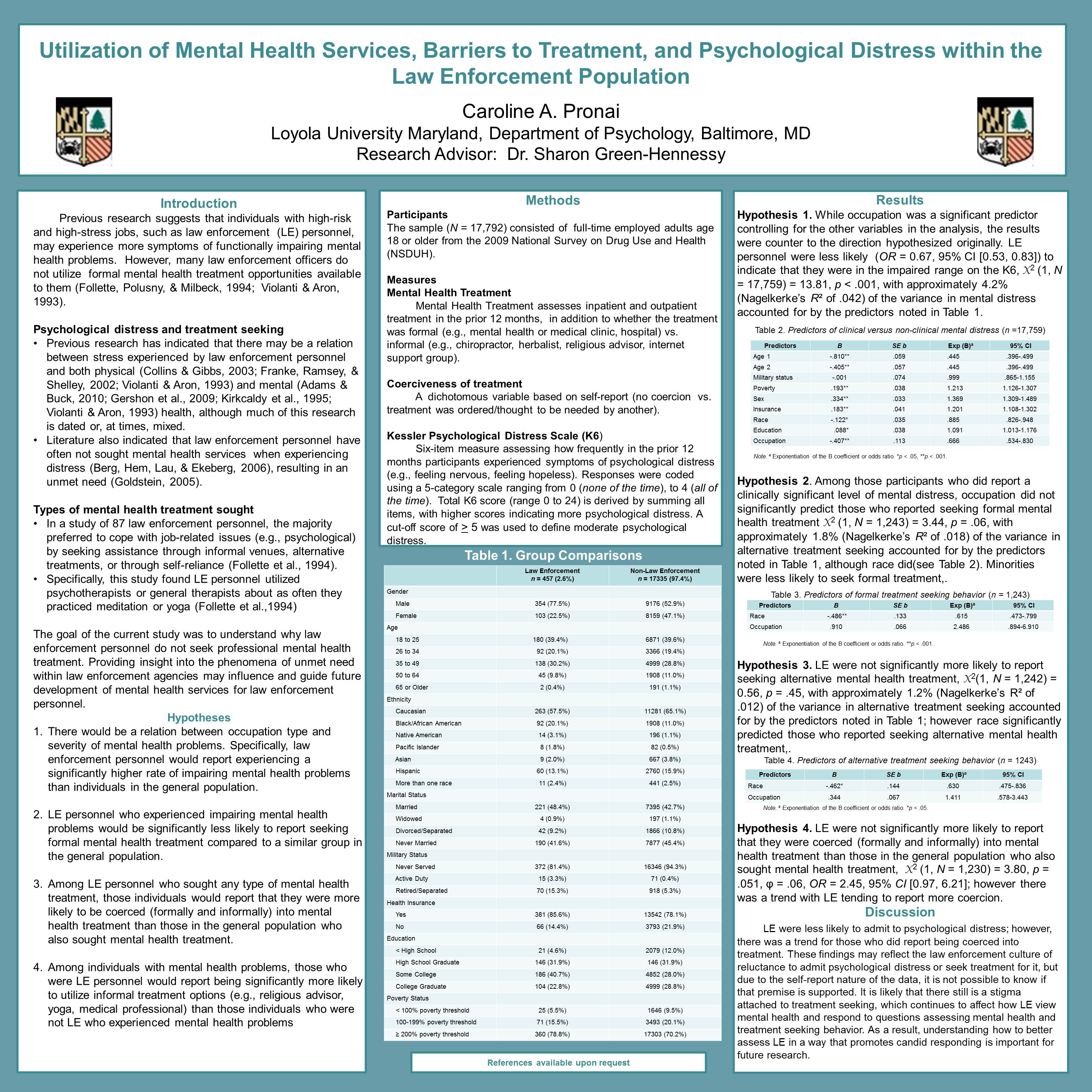 Enlarged poster image: Utilization of Mental Health Services, Barriers to Treatment, and Psychological Distress within the Law Enforcement Population