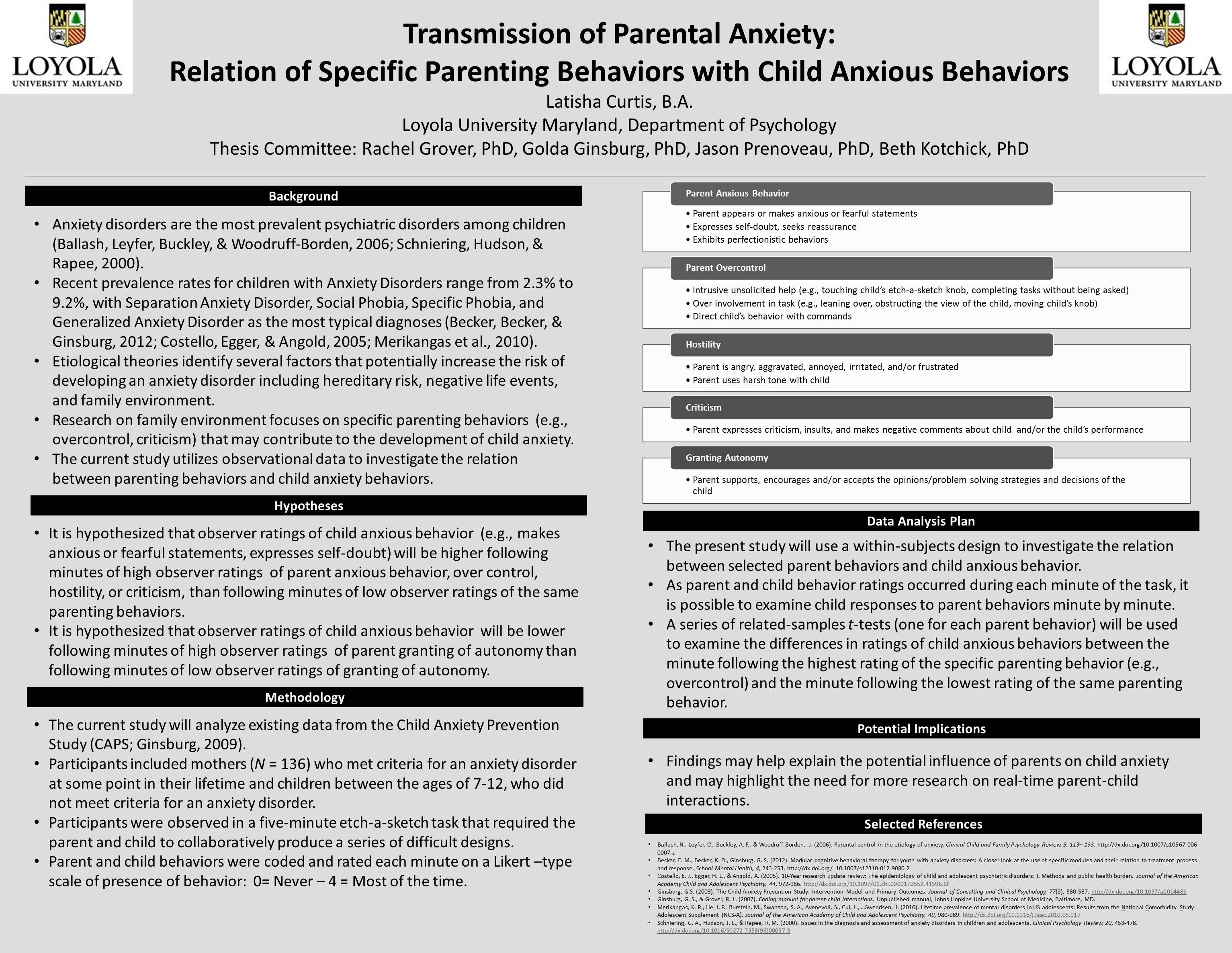 poster image: 'Examining the Relation Between Anxious Parental Behaviors and Child Anxiety'