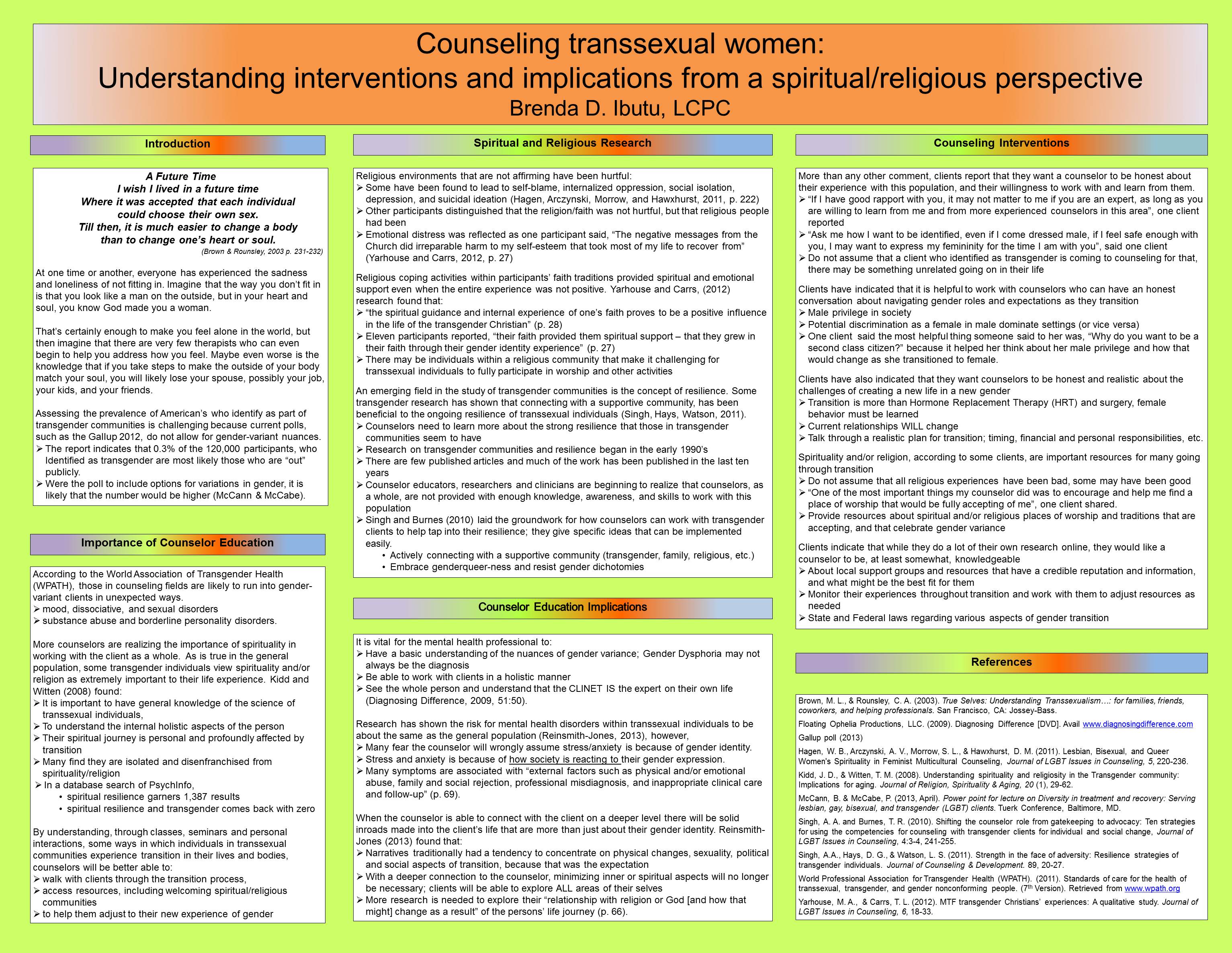 poster image: 'Counseling transsexual women: Understanding interventions and implications from a spiritual/religious perspective'
