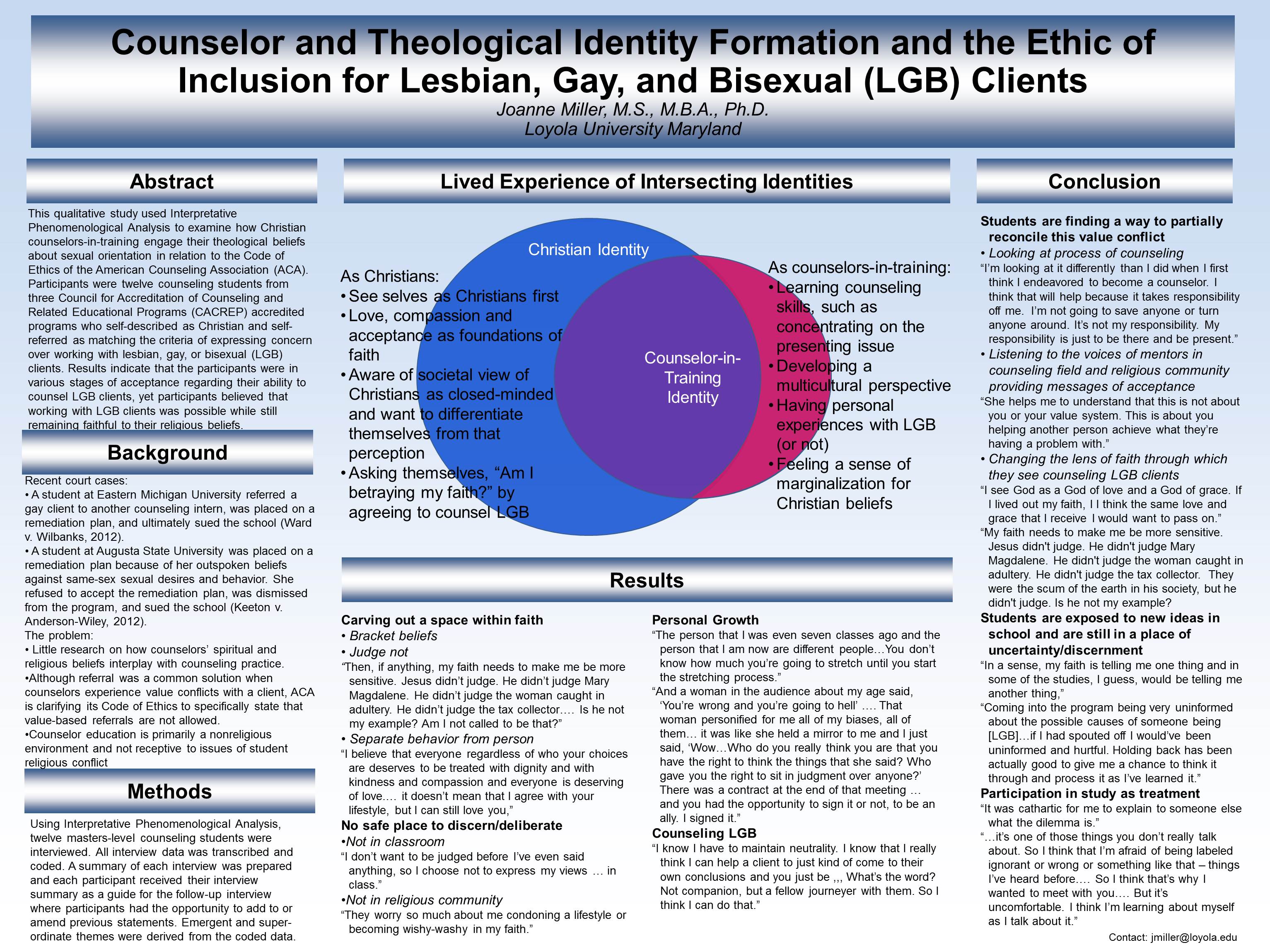 poster image: 'Counselor and Theological Identity Formation and the Ethic of Inclusion for Lesbian, Gay, and Bisexual Clients'
