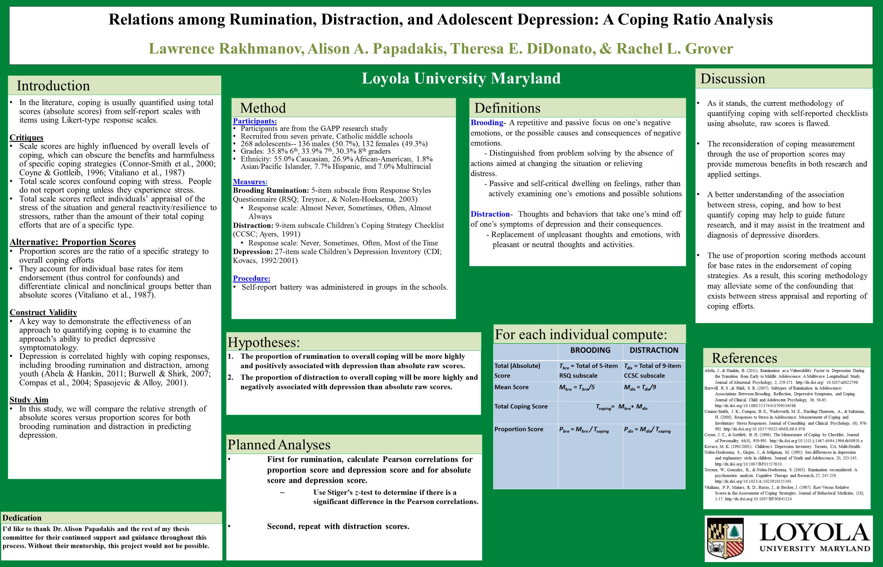 poster image: 'Relations among Rumination, Distraction and Adolescent Depression: A Coping Ratio Analysis'