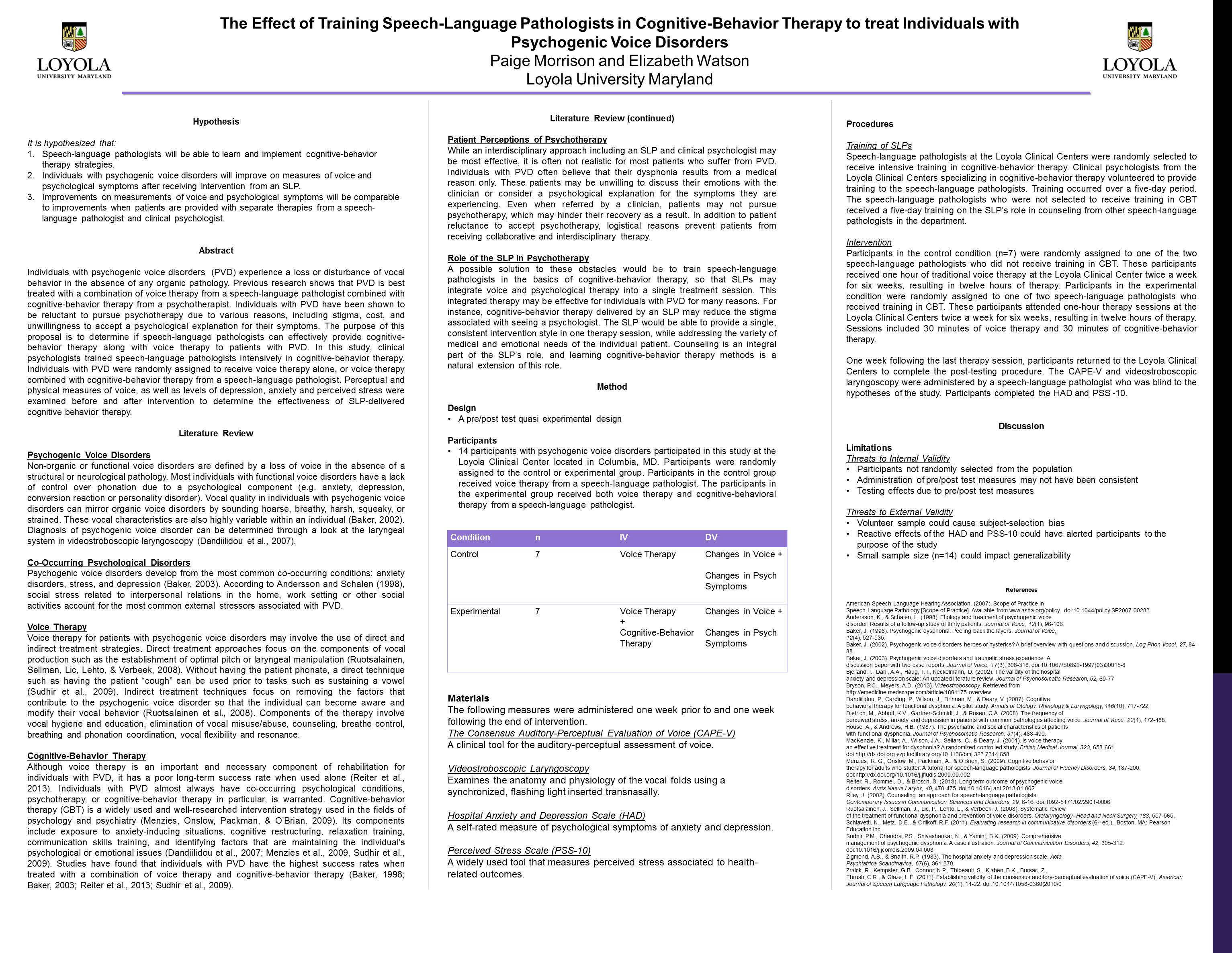 poster image: 'The Effect of Training Speech-Language Pathologists in Cognitive-Behavior Therapy to Treat Individuals with Psychogenic Voice Disorders'