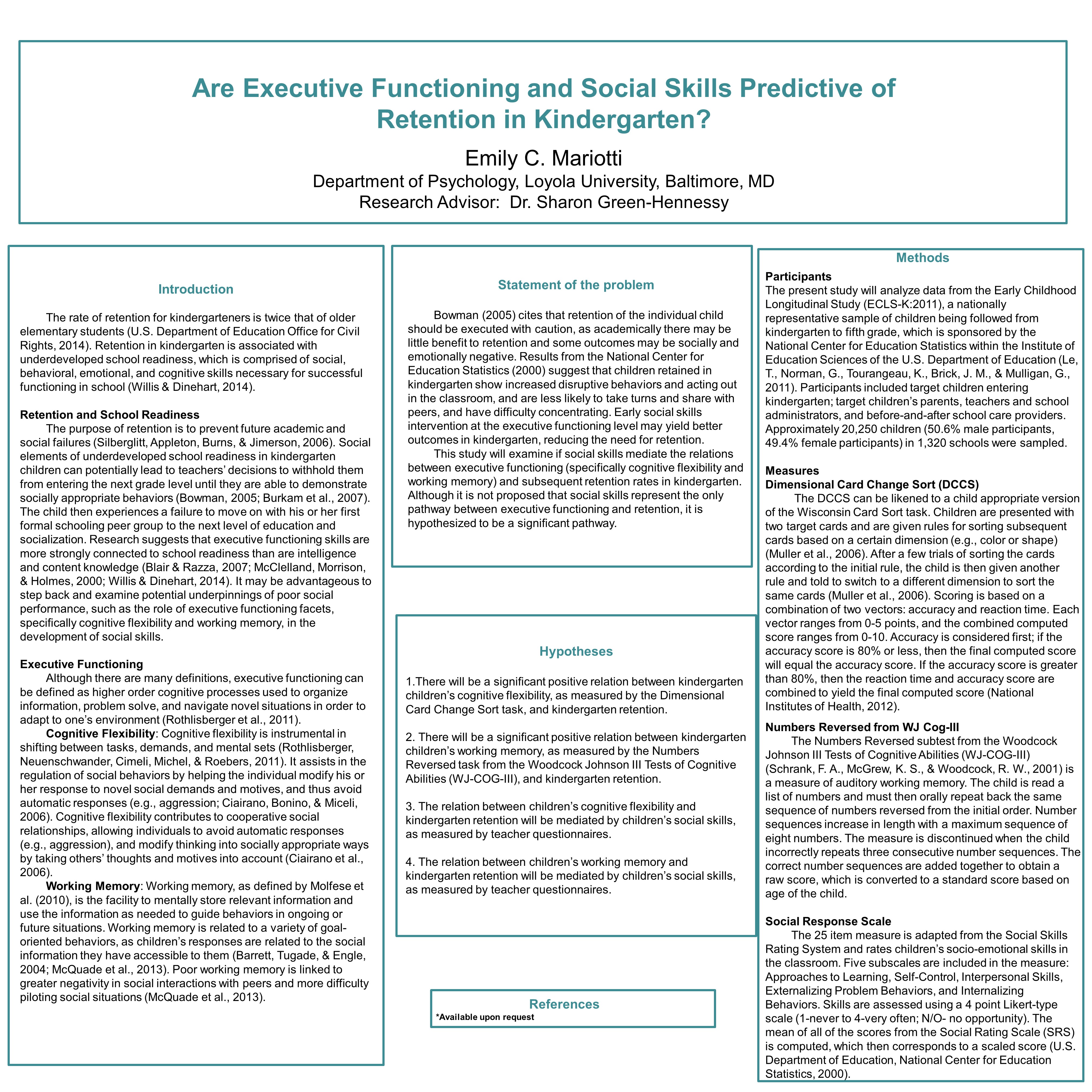 poster image: Are Executive Functioning and Social Skills Predictive of Retention in Kindergarten?
