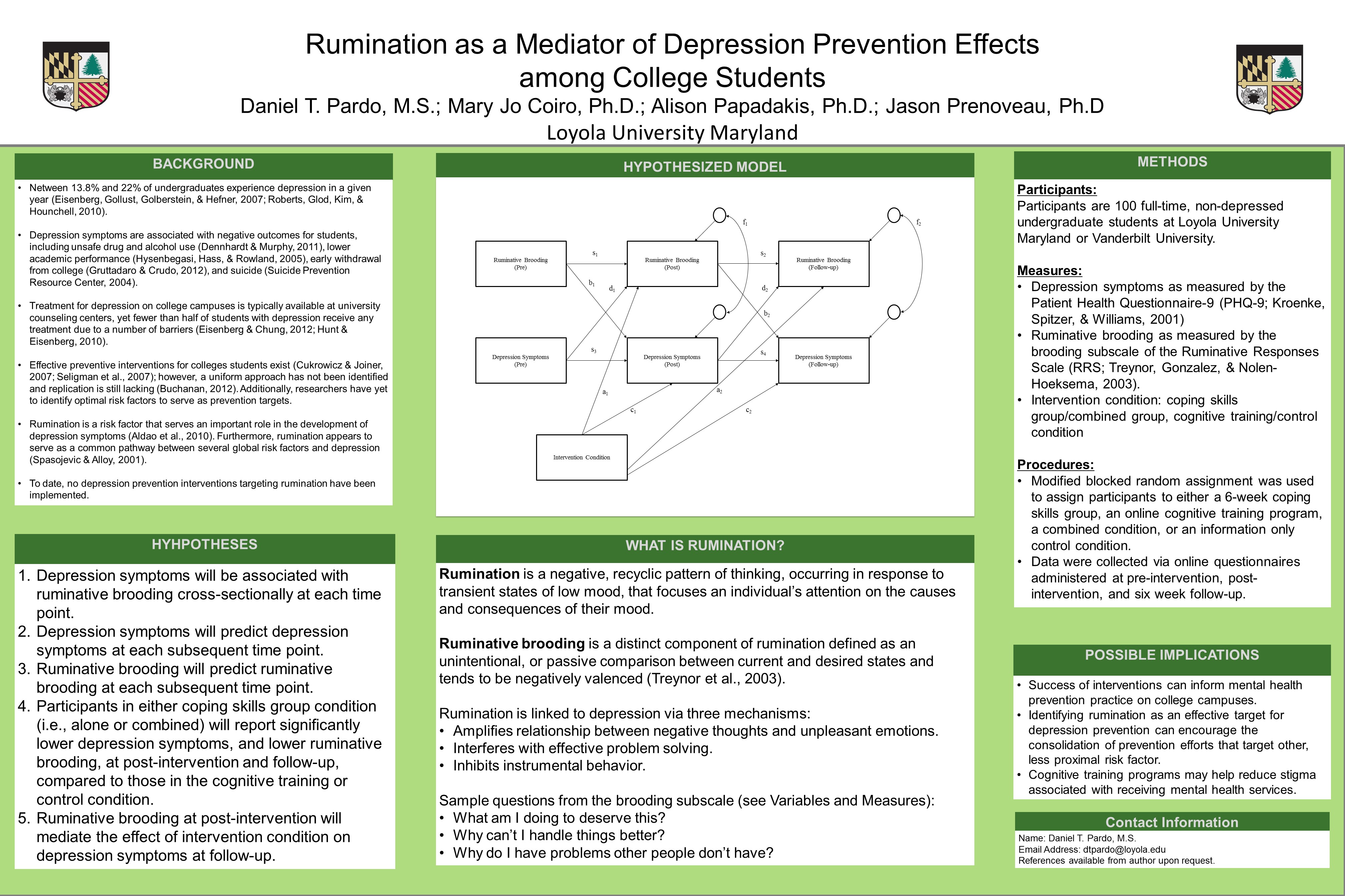 poster image: Rumination as a Mediator of Depression Prevention Effects among College Students