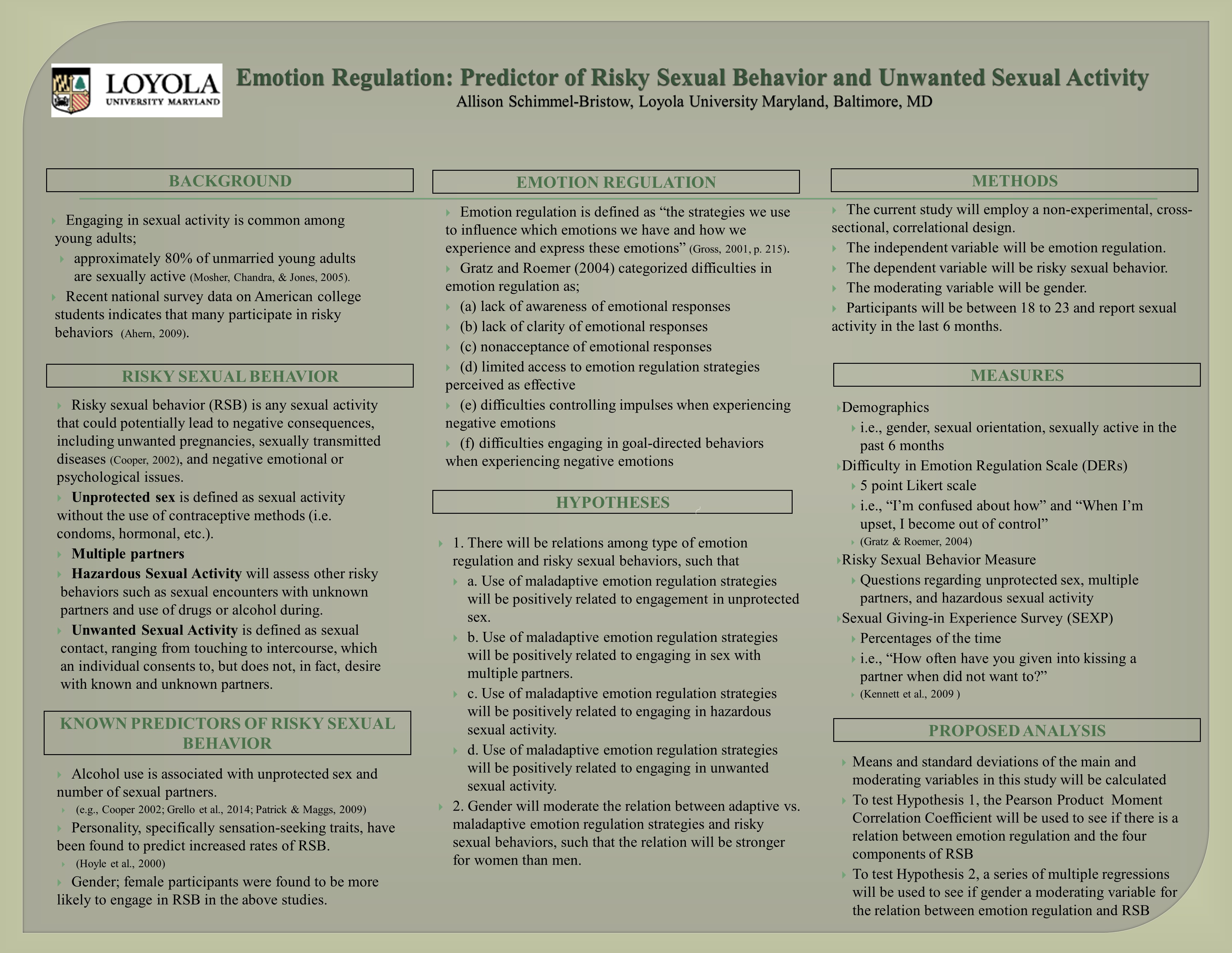 poster image: Emotion Regulation: Predictor of Risky Sexual Behavior and Unwanted Sexual Activity