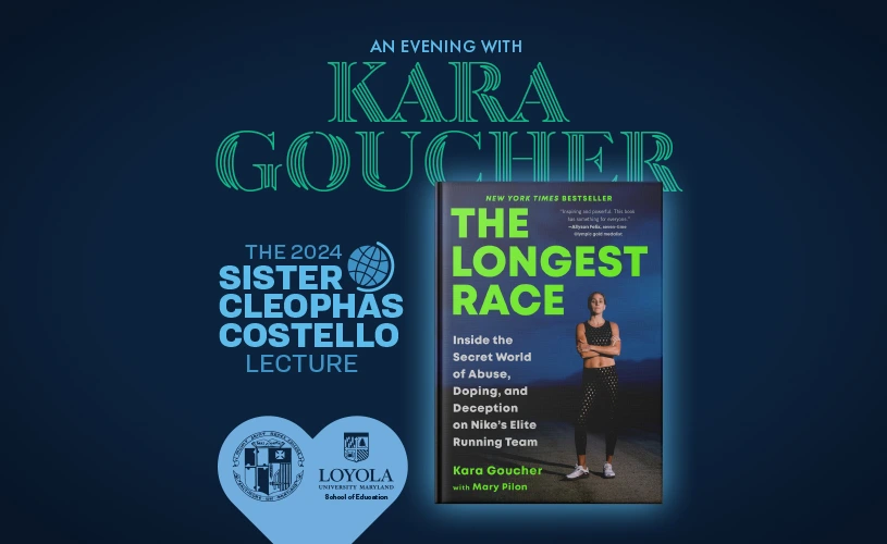 Text that reads: An Evening with Kara Goucher, along with a photo of her book The Longest Race