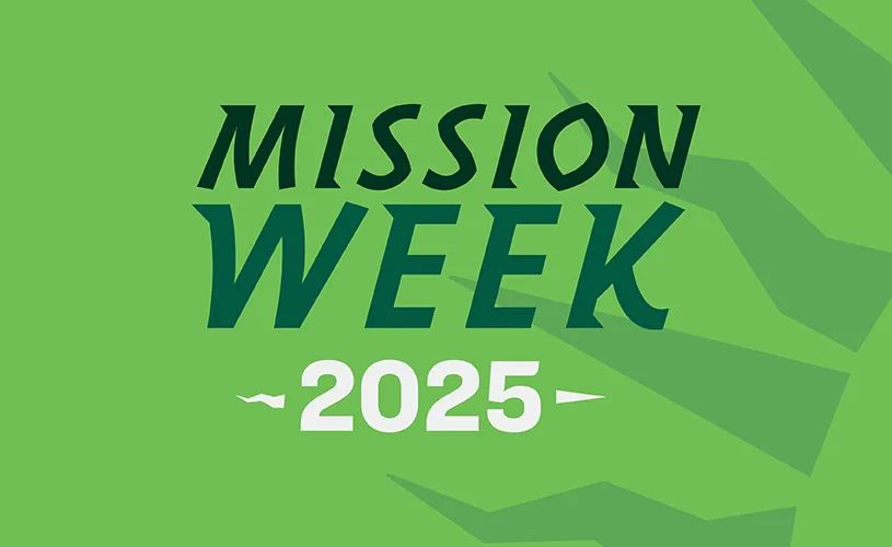 The text, Mission Week 2025, on a green background with a sunburst pattern