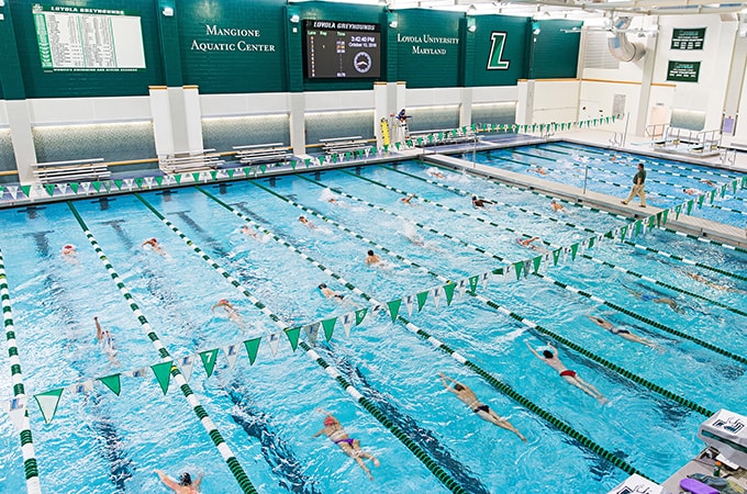 Overhead photo of students swimming in the pool at the Fitness and Aquatic Center