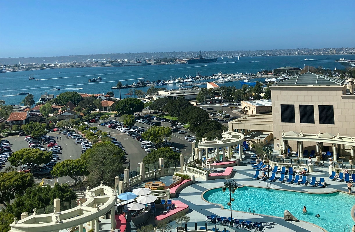 View from the Grand Hyatt hotel of the hotel pool and the San Diego Bay
