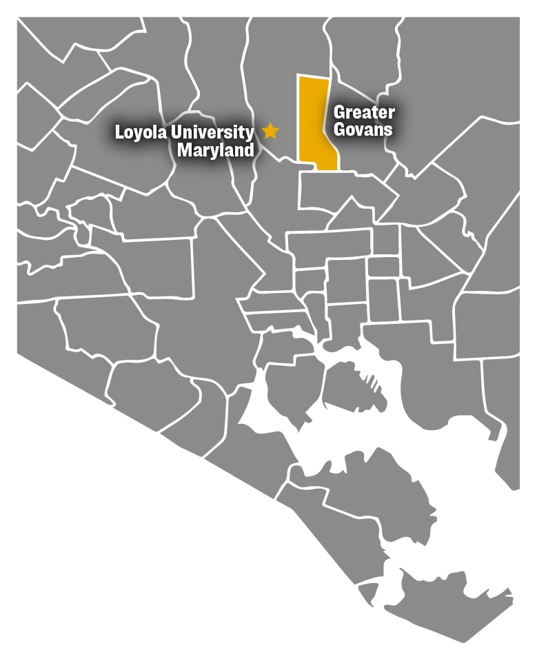 Map of Baltimore City with the Greater Govans neighborhood highlighted