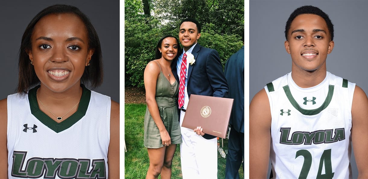 Left: Alexis Gray basketball portrait. Middle: Alexis and Daraun Gray posing for a photograph at Daraun's high school graduation. Right: Daraun Gray basketball portrait