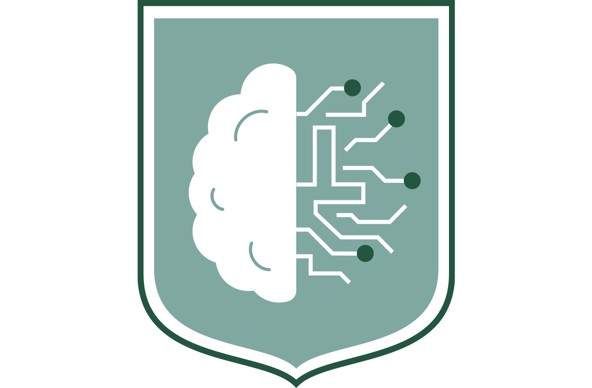Illustration of the Loyola shield with a brain with computer circuits branching out of it