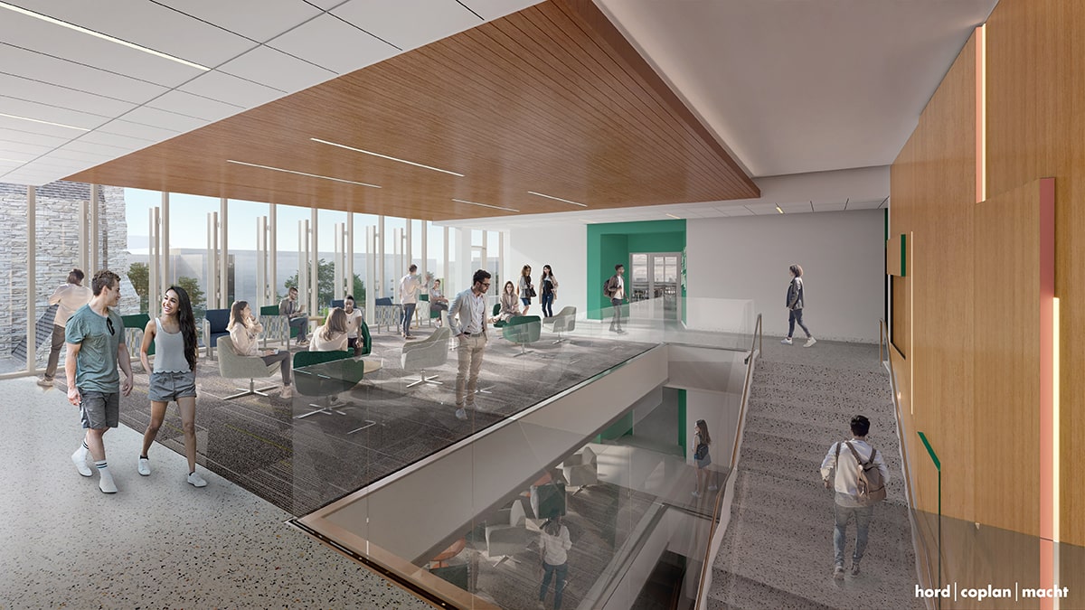 Interior rendering of the third floor lounge in the new Donnelly Science Center