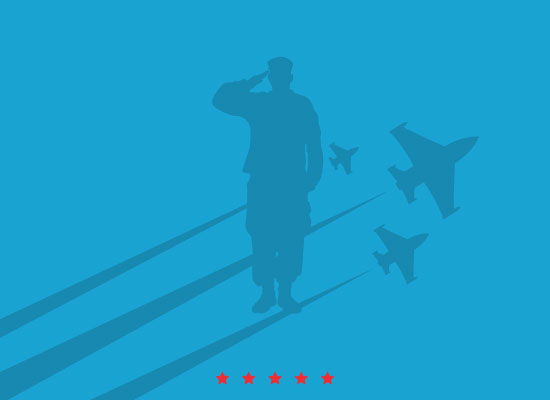graphic illustration of a soldier saluting with military aircraft flying past