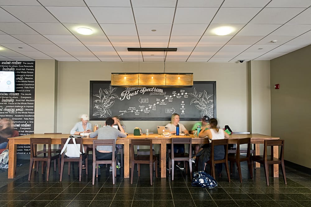 Students sitting around a long wood table with a wide, black coffee poster hanging on the wall behind them