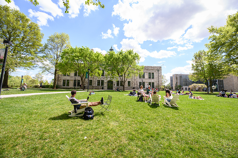 Students enjoying the quad on Loyola University Maryland's Evergreen Campus.