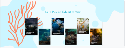 Screenshot of a web page showing six thumbnail pictures of exhibits with the words 'Let"s Pick an Exhibit to Visit'