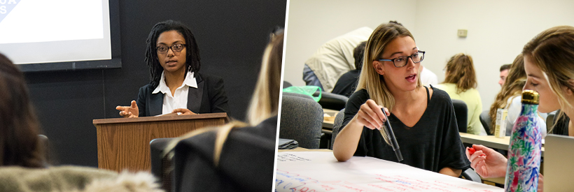 Photo 1: Female business student displaying leadership skills while standing at a podium giving a management presentation. Photo 2: Two female management students collaborate on a class assignment.