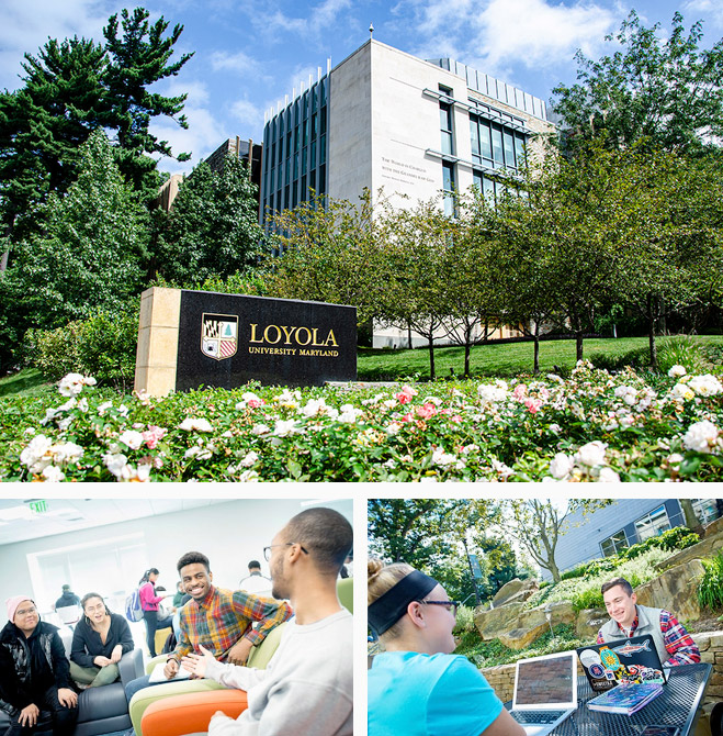 A collage of photos, including the facade of the Donnelly Science Center, Students sitting on couches, and students sitting outdoors