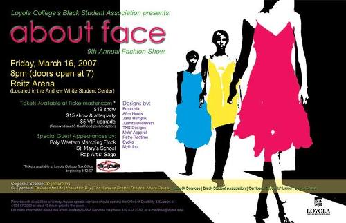 2007 flyer with graphics of three female models walking and wearing a blue, a yellow, and a pink dress. 