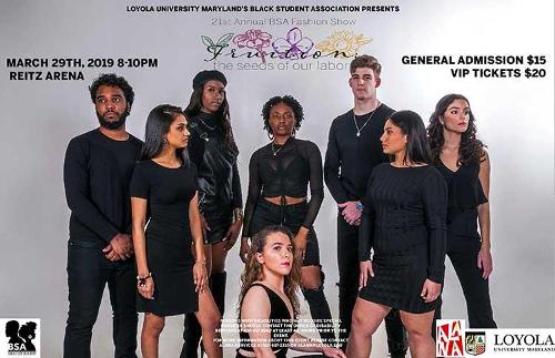 2019 flyer with male and female models posing in solid black outfits 