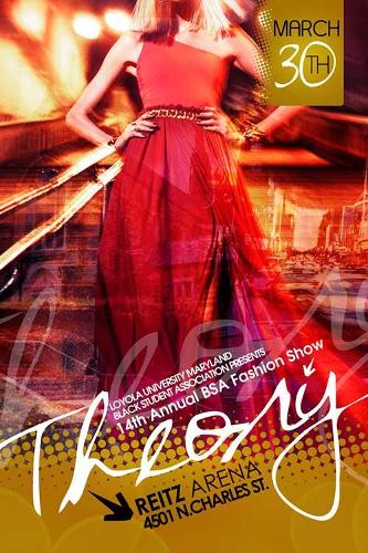 2012 red and yellow/orange flyer featuring an unidentified female model posing in a floor-length red gown. 