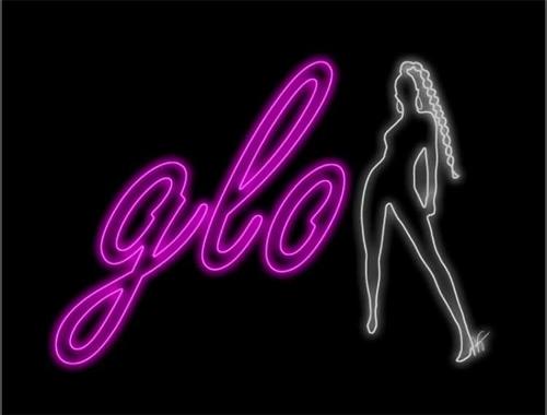 Flyer in neon sign style, reading 'glo' with a silhouette of a female model in neon as well.